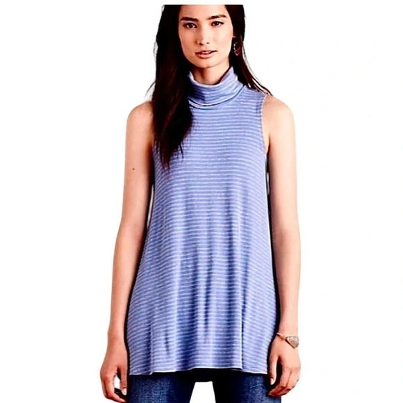 ANTHROPOLOGIE PUELLA BLUE & GRAY STRIPED MOCK NECK SLEEVELESS TUNIC TOP MEDIUM - Picture 7 of 8